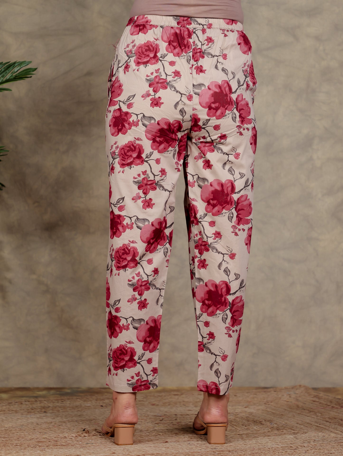 Soft Cotton Floral Red Tapered Trousers