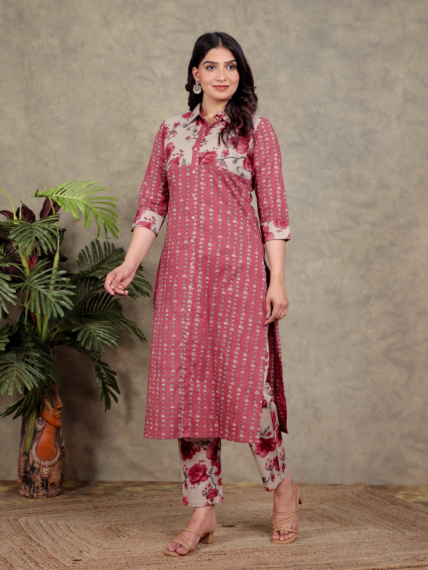 Soft Cotton Floral High Low Red Kurta