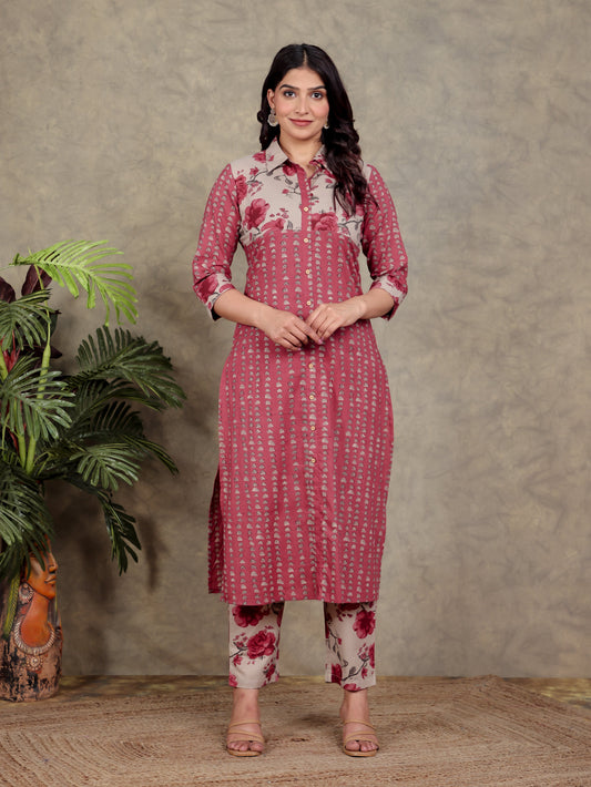 Soft Cotton Floral High Low Red Kurta