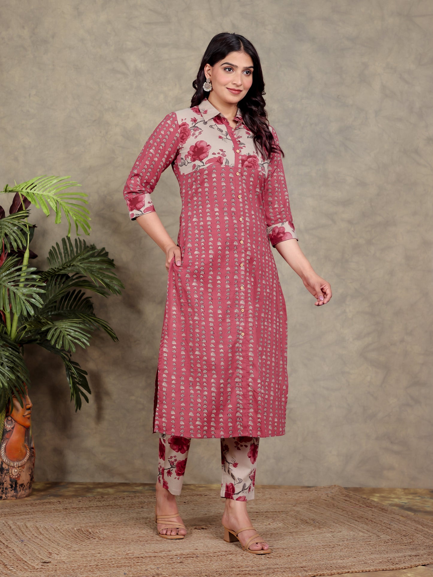 Soft Cotton Floral High Low Red Kurta
