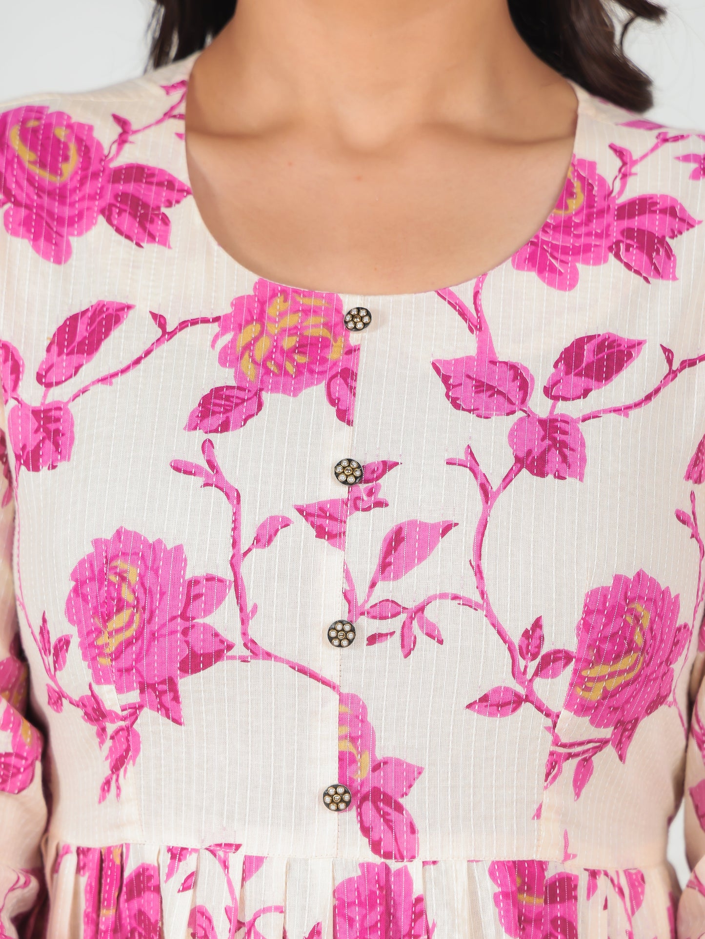 Cotton Dobby Floral Flared Cream Dress