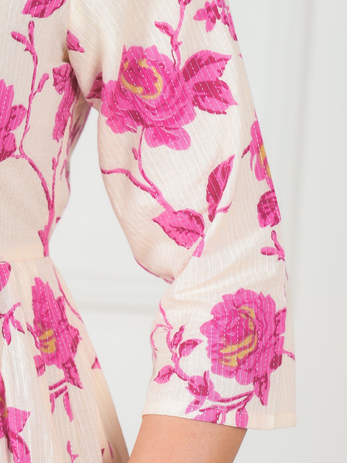 Cotton Dobby Floral Flared Cream Dress