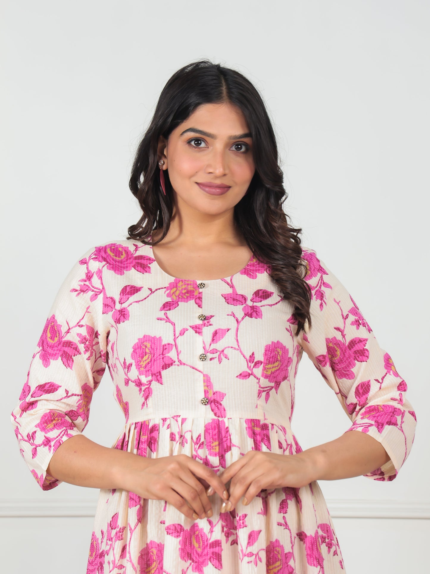 Cotton Dobby Floral Flared Cream Dress