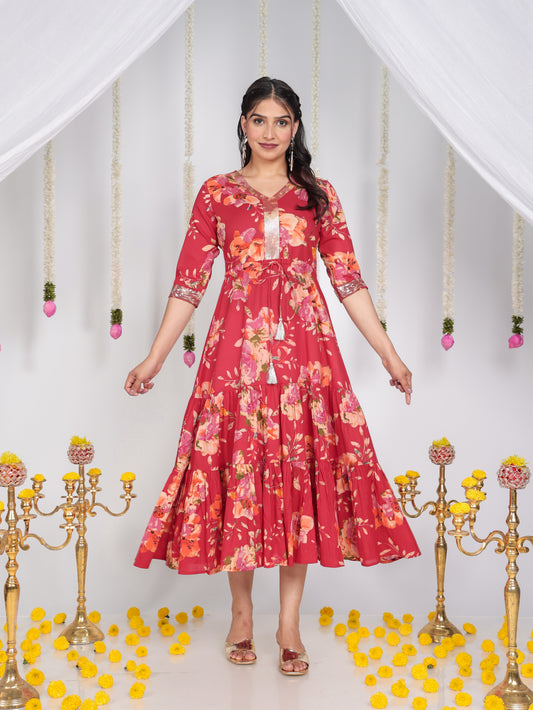 Soft Cotton Floral A-line Red Dress