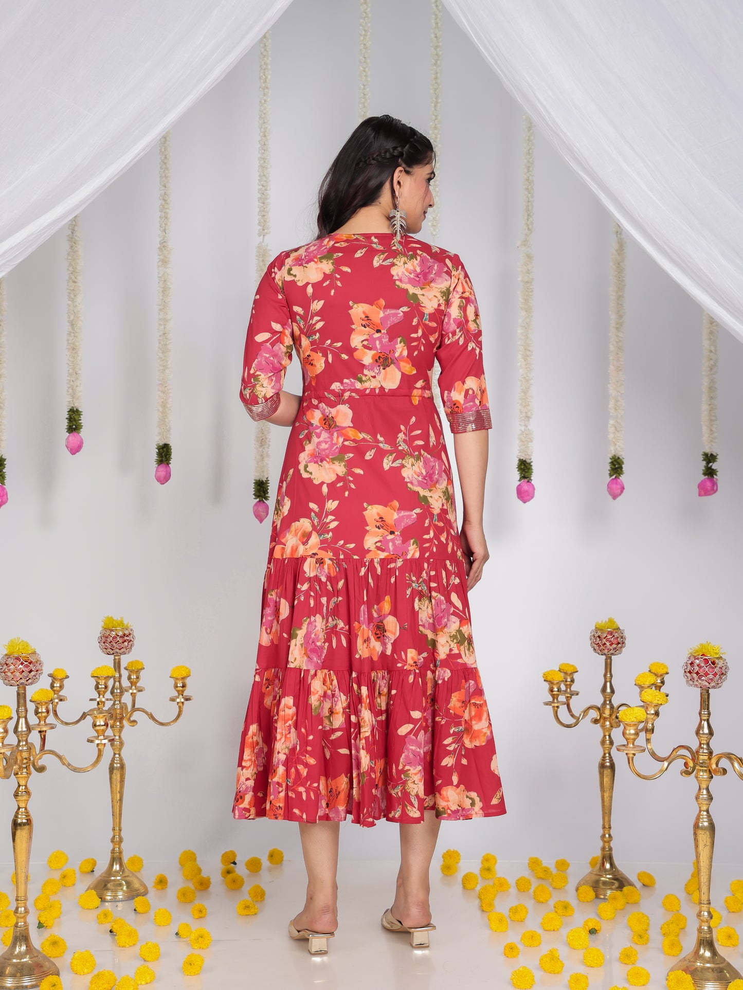 Soft Cotton Floral A-line Red Dress
