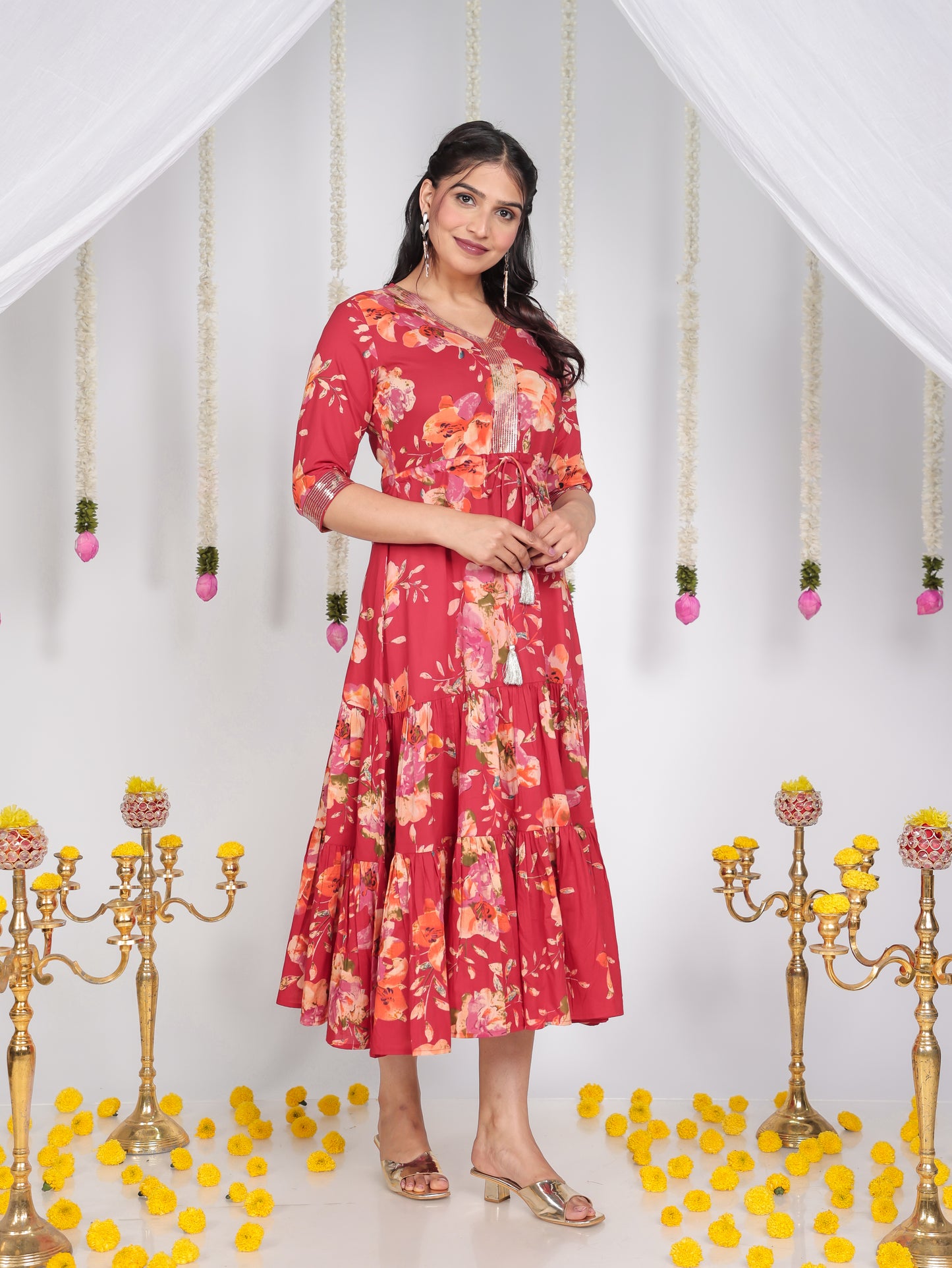 Soft Cotton Floral A-line Red Dress