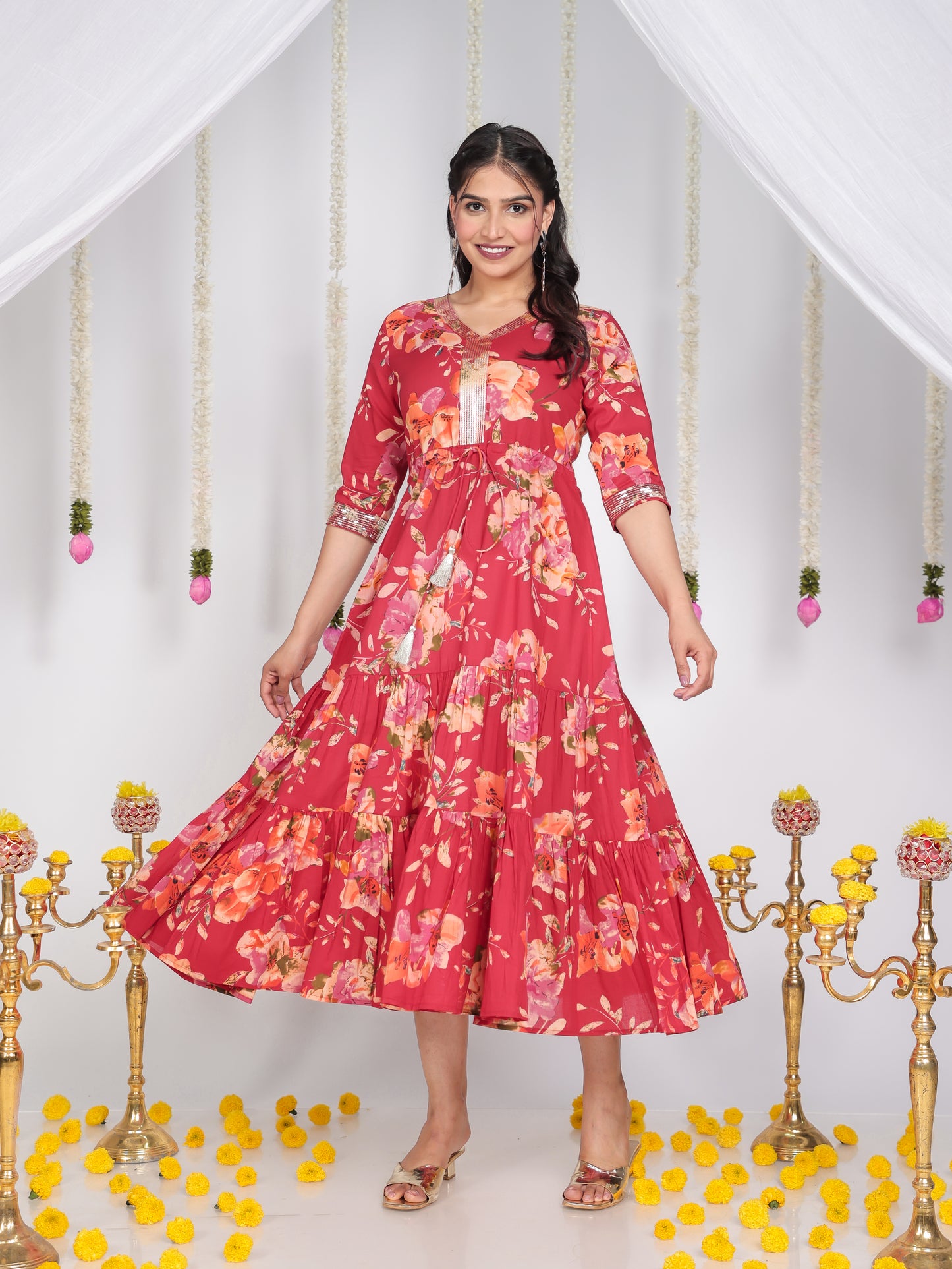 Soft Cotton Floral A-line Red Dress