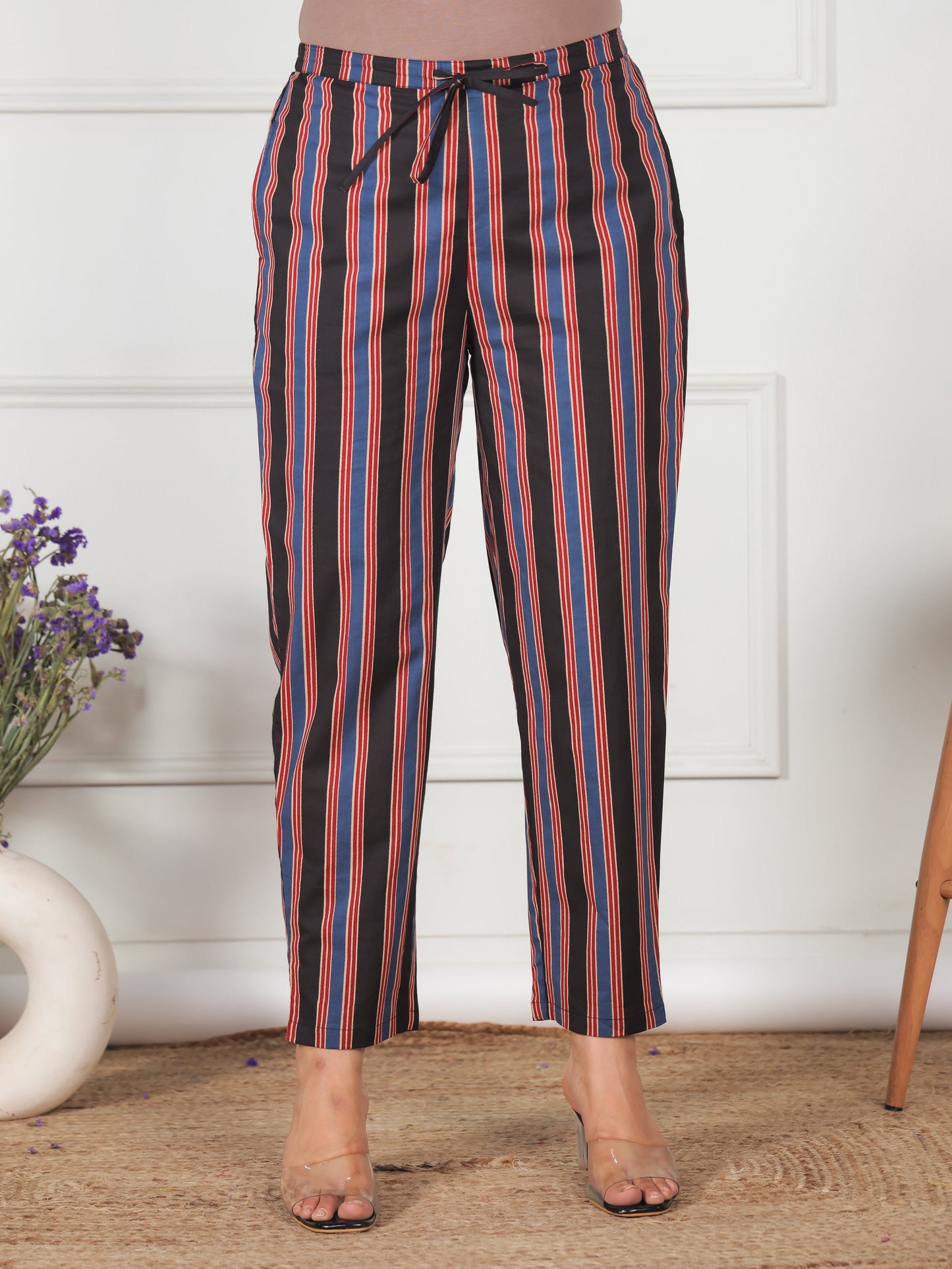 Soft Cotton Striped Black Tapered Trousers