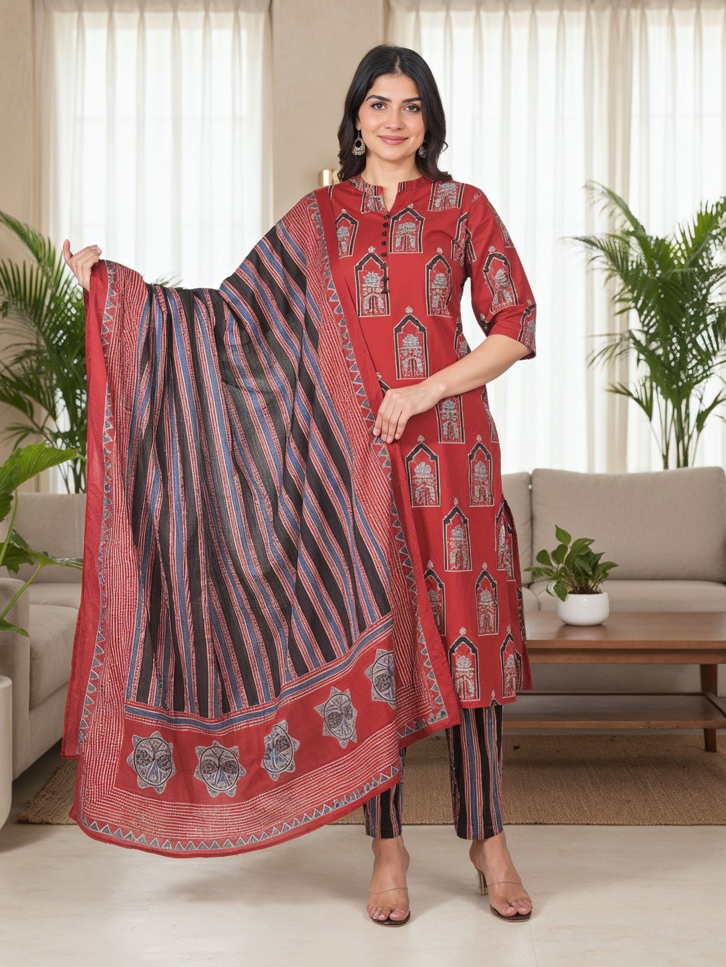 Soft Cotton Ajrakh Red Kurta