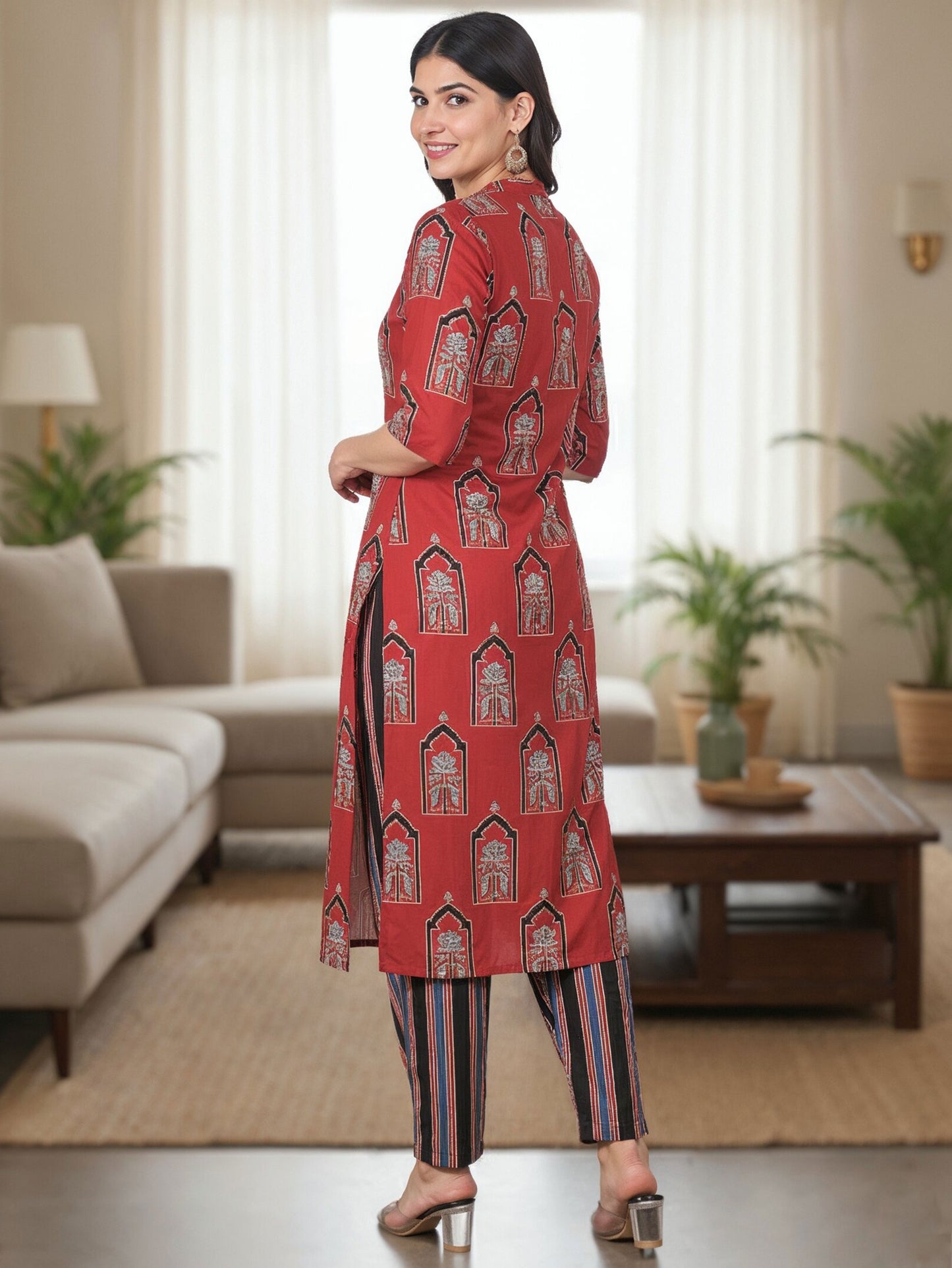 Soft Cotton Ajrakh Red Kurta