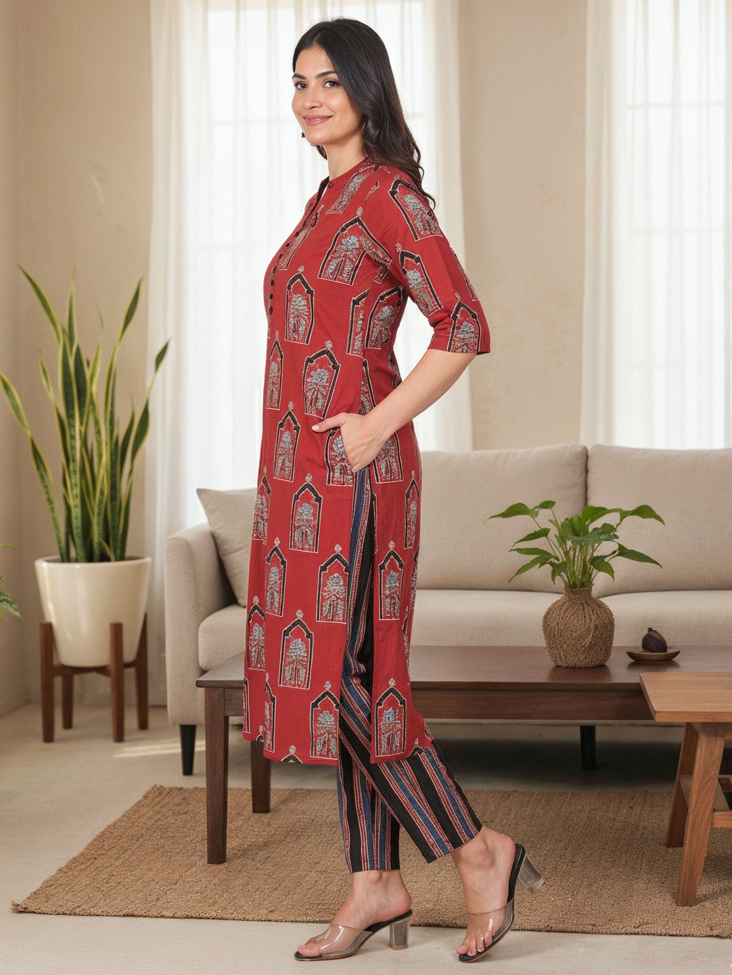 Soft Cotton Ajrakh Red Kurta