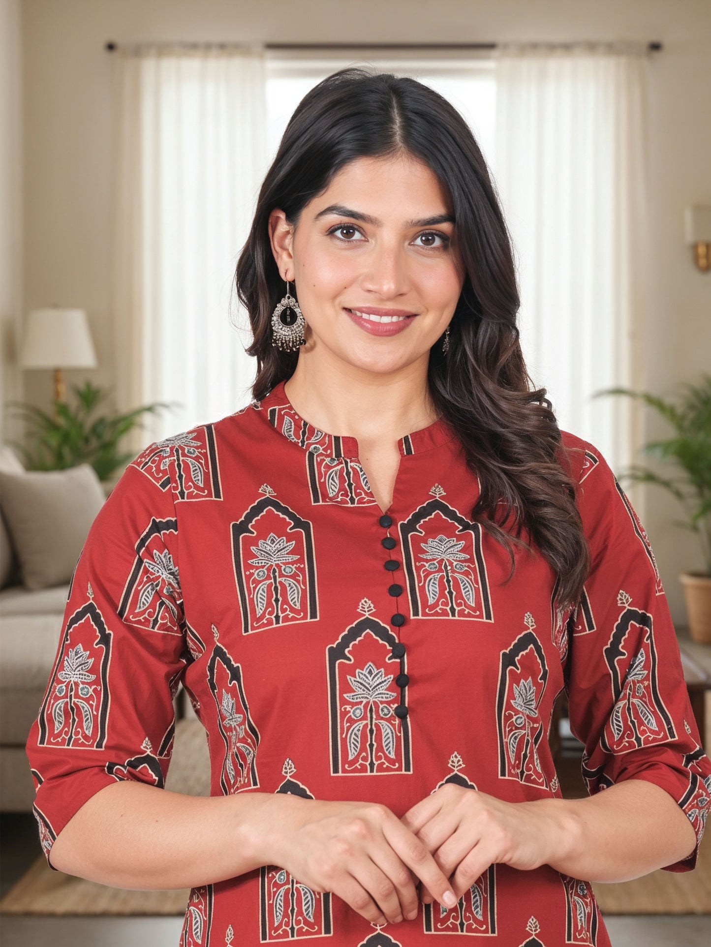 Soft Cotton Ajrakh Red Kurta