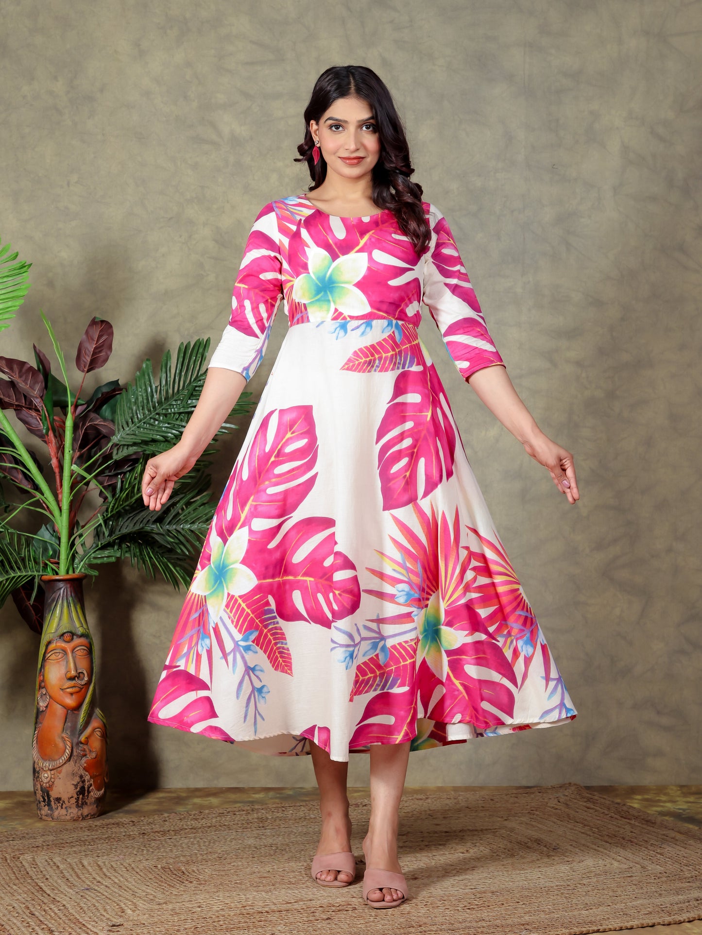 Soft Cotton Foliage Flared Off White Dress