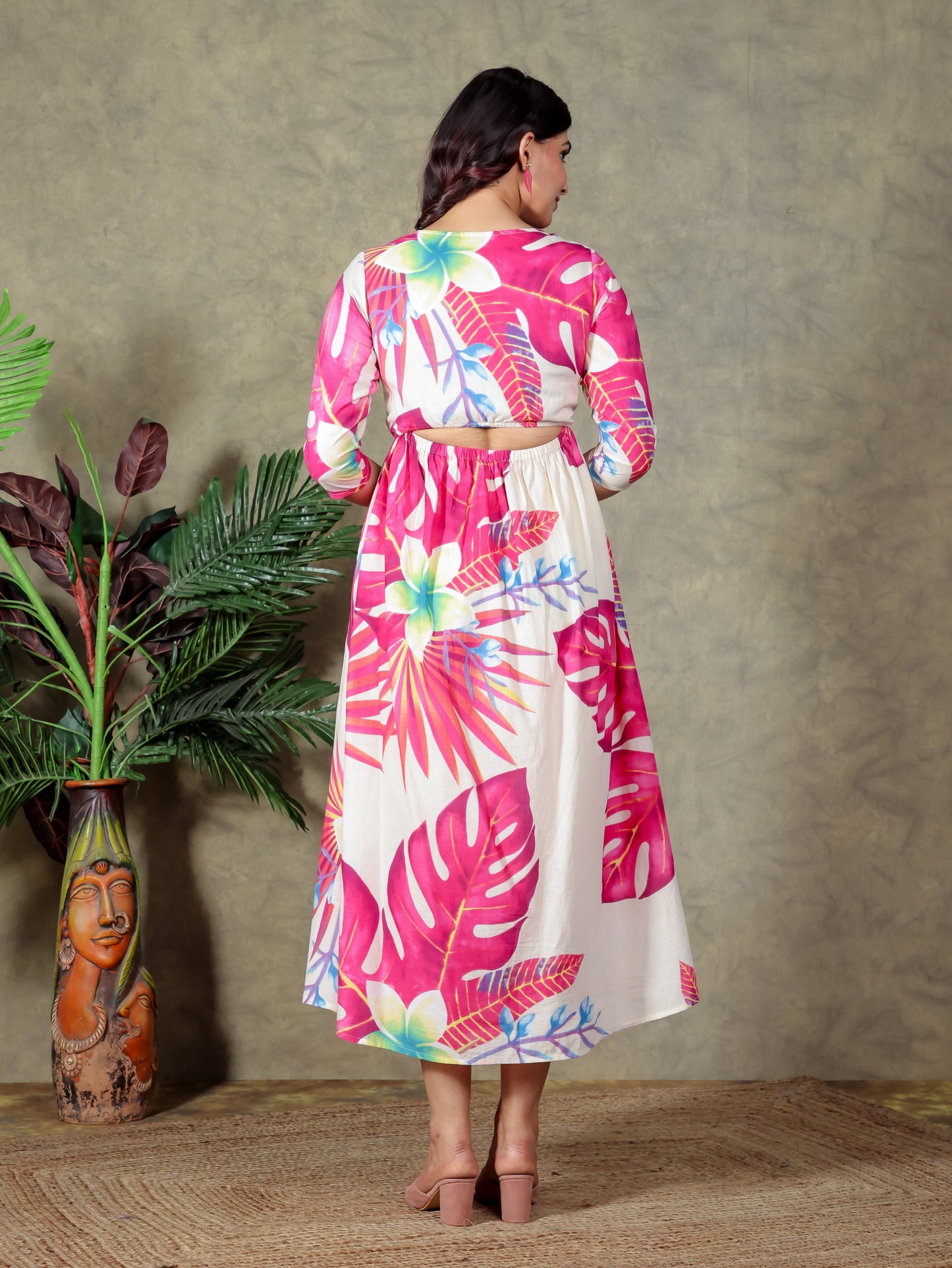 Soft Cotton Foliage Flared Off White Dress