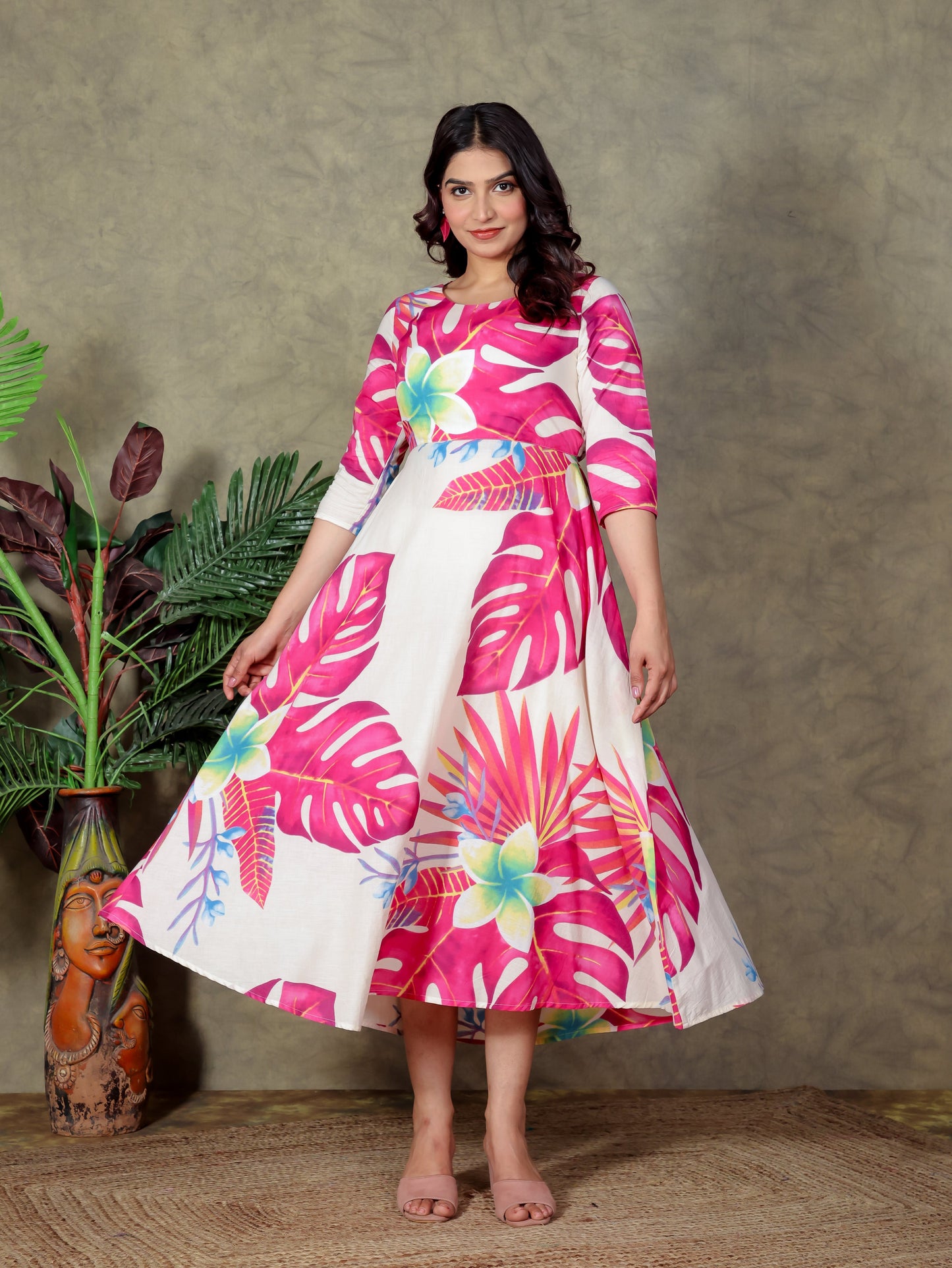 Soft Cotton Foliage Flared Off White Dress