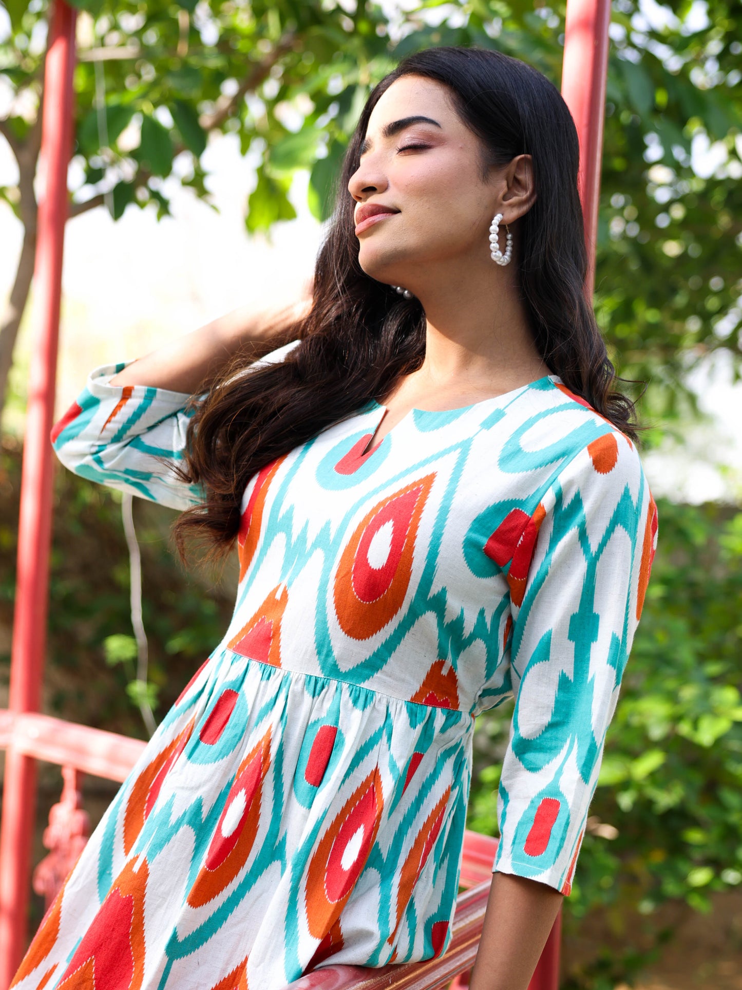 Linen Cotton Geometric Gathered Off White Dress