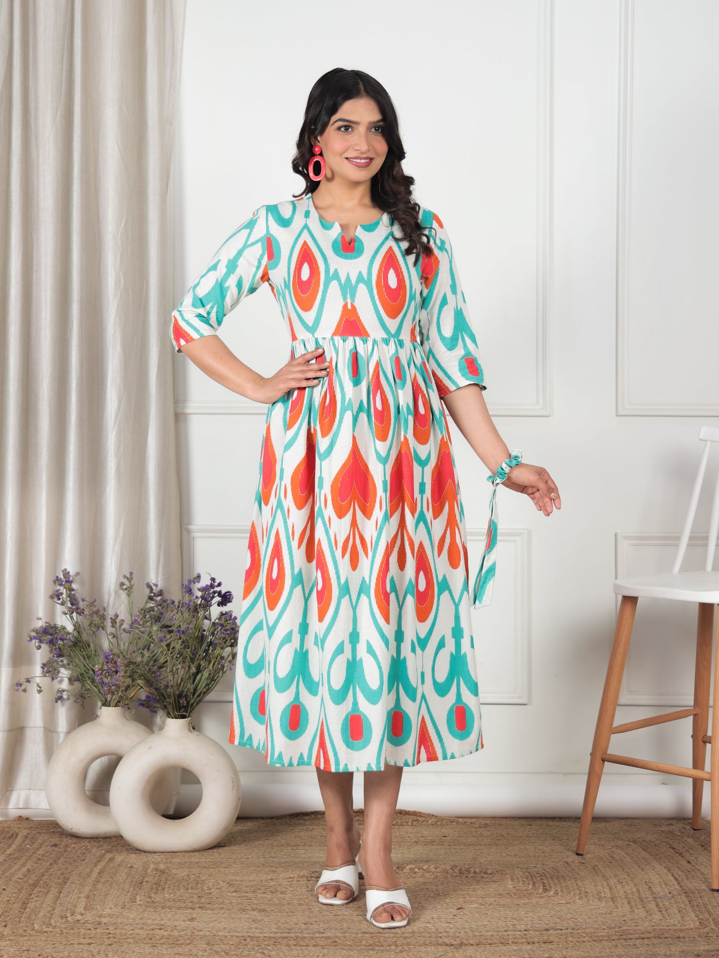 Linen Cotton Geometric Gathered Off White Dress