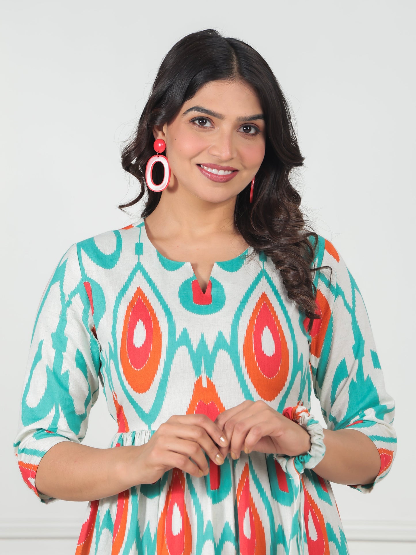 Linen Cotton Geometric Gathered Off White Dress