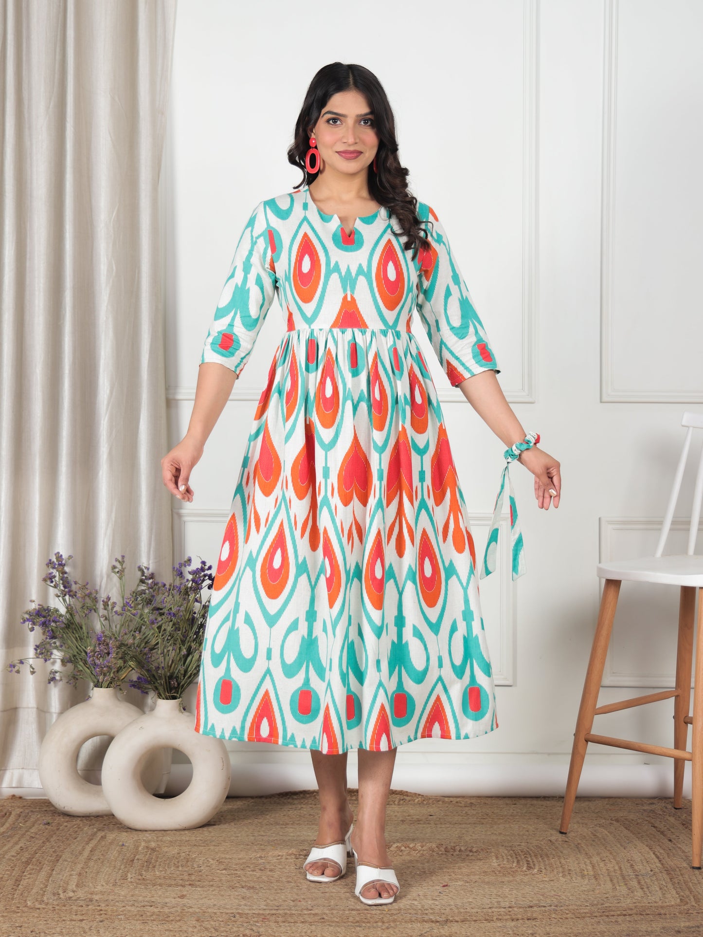 Linen Cotton Geometric Gathered Off White Dress