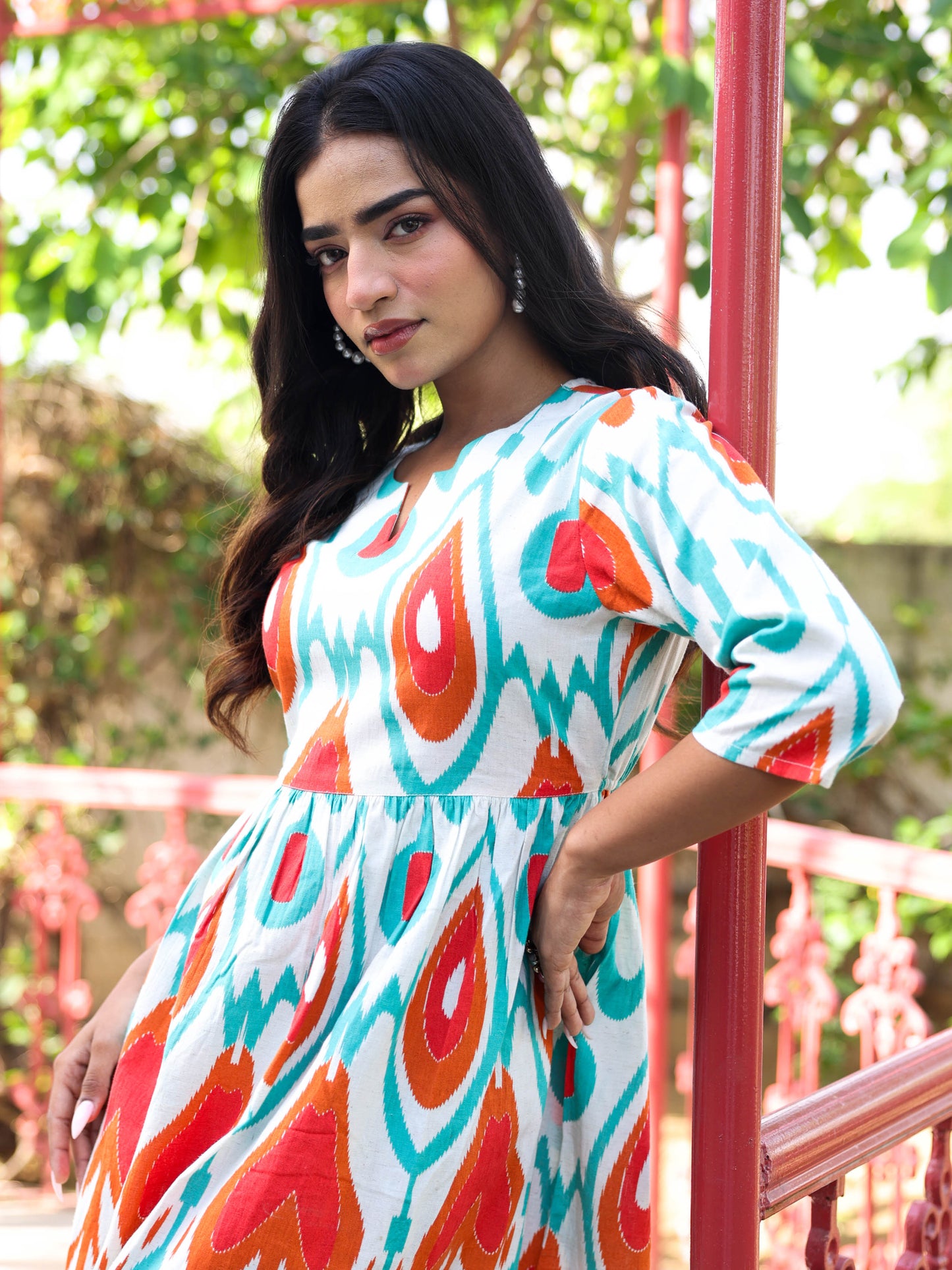 Linen Cotton Geometric Gathered Off White Dress