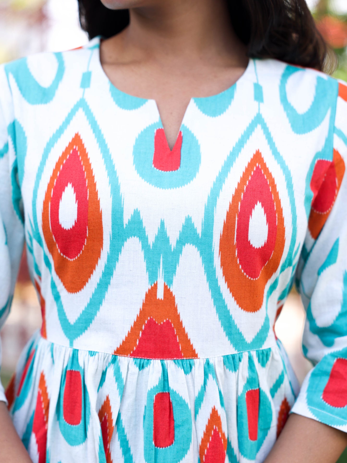 Linen Cotton Geometric Gathered Off White Dress