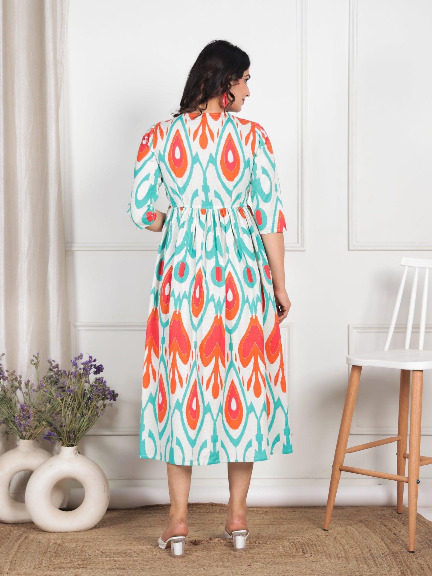 Linen Cotton Geometric Gathered Off White Dress