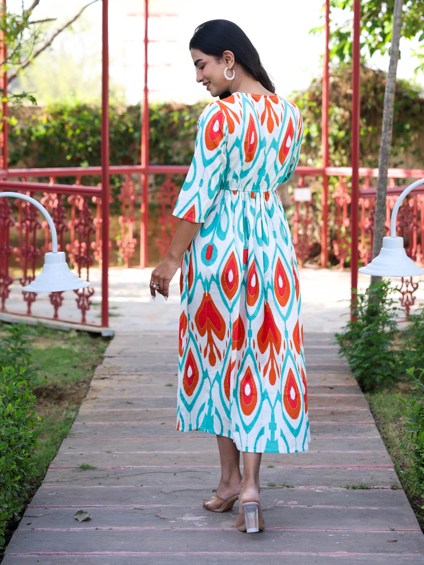 Linen Cotton Geometric Gathered Off White Dress