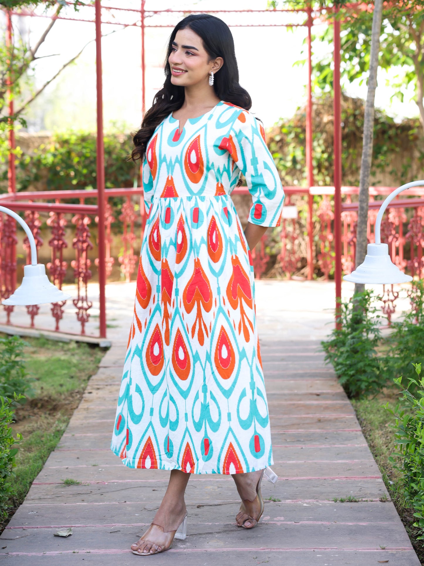 Linen Cotton Geometric Gathered Off White Dress