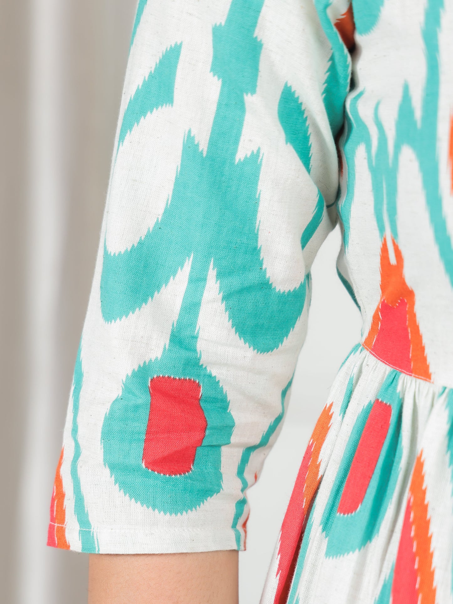 Linen Cotton Geometric Gathered Off White Dress