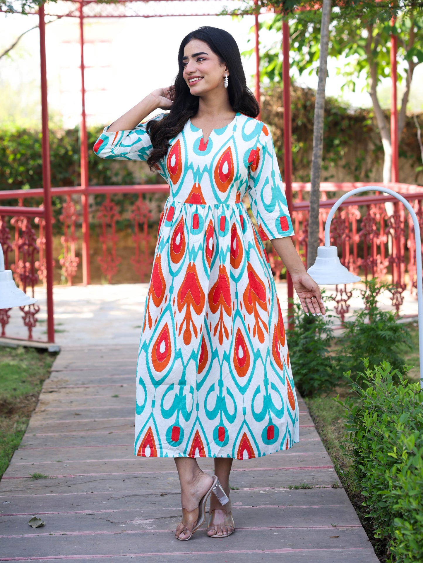 Linen Cotton Geometric Gathered Off White Dress