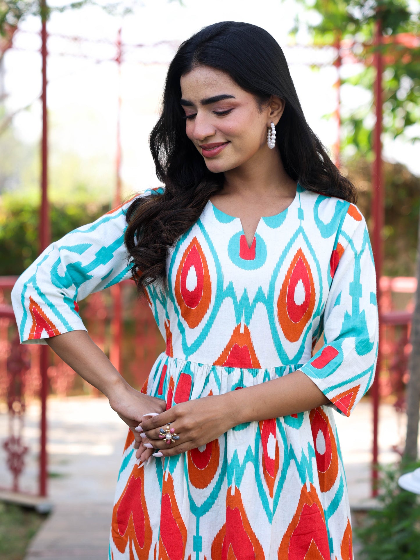 Linen Cotton Geometric Gathered Off White Dress