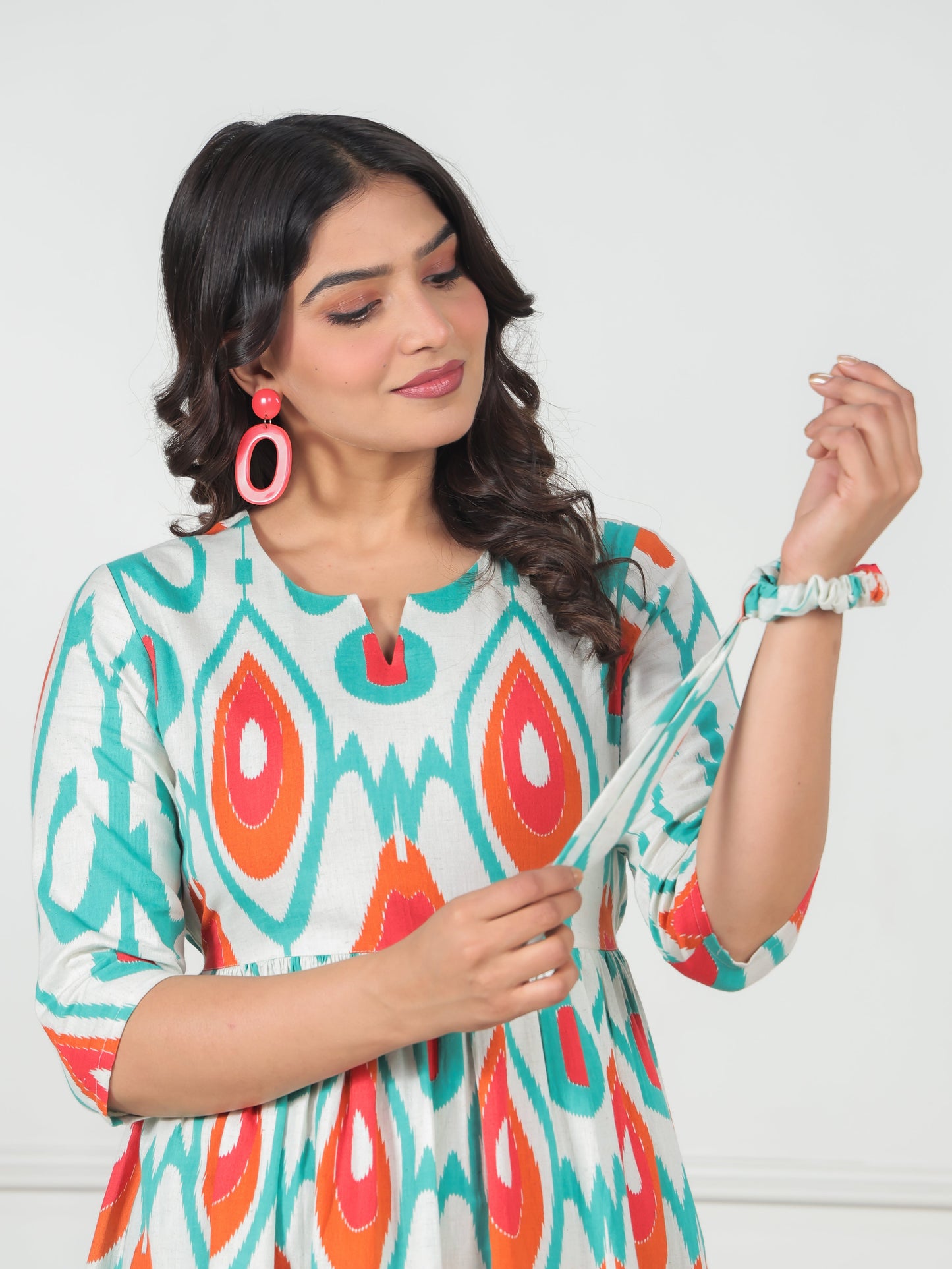 Linen Cotton Geometric Gathered Off White Dress