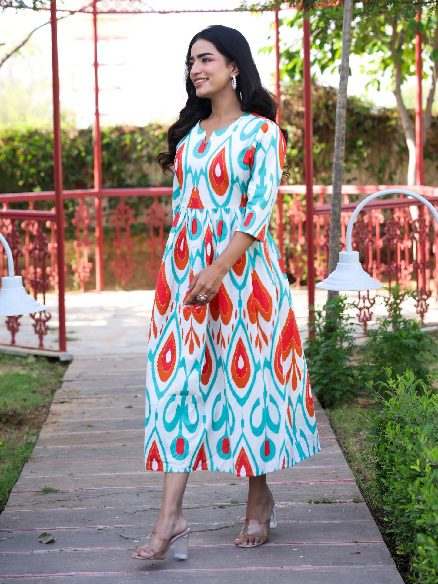 Linen Cotton Geometric Gathered Off White Dress