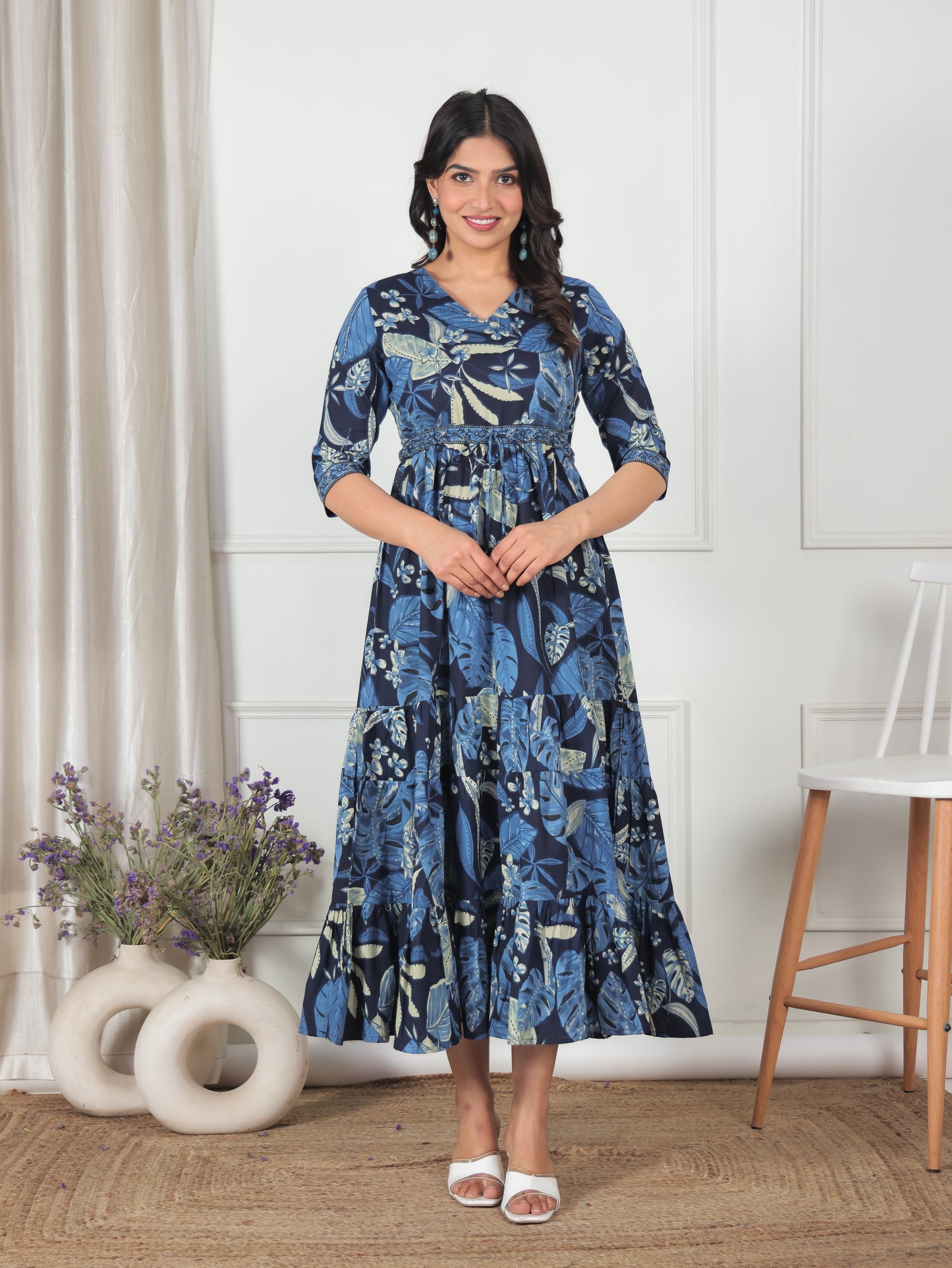 Soft Cotton Foliage A-line Blue Dress