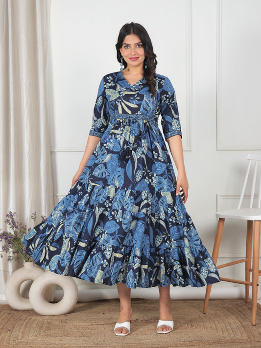 Soft Cotton Foliage A-line Blue Dress