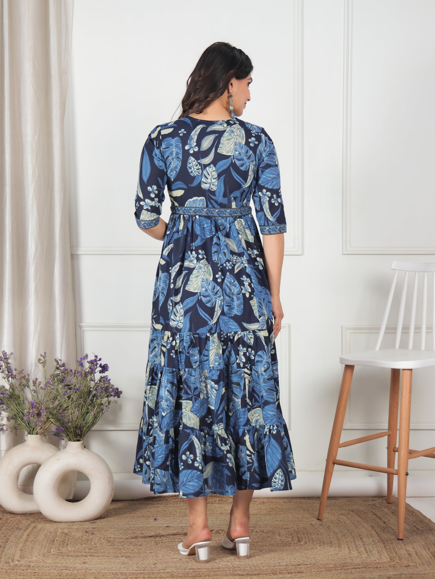 Soft Cotton Foliage A-line Blue Dress