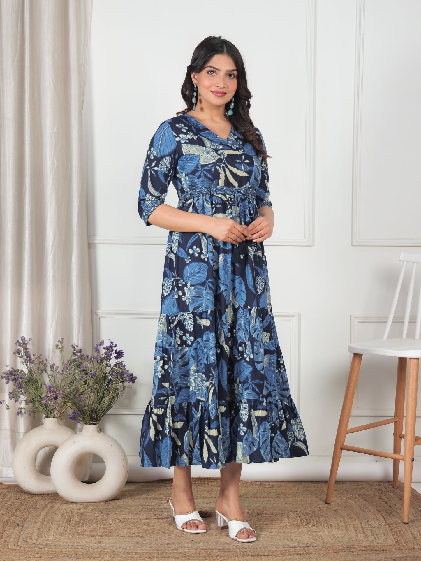 Soft Cotton Foliage A-line Blue Dress