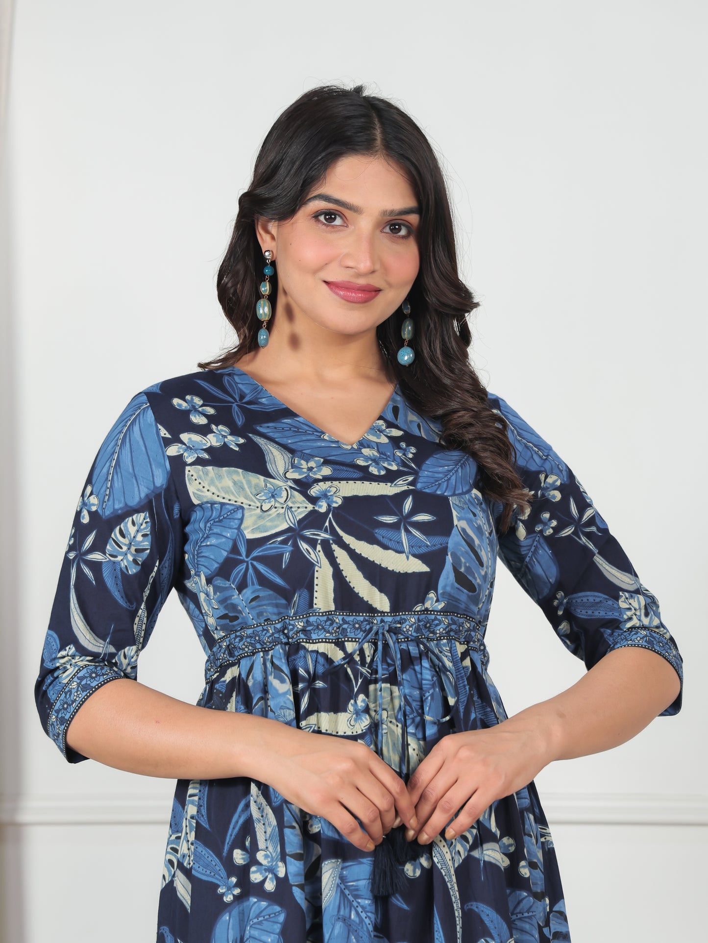 Soft Cotton Foliage A-line Blue Dress
