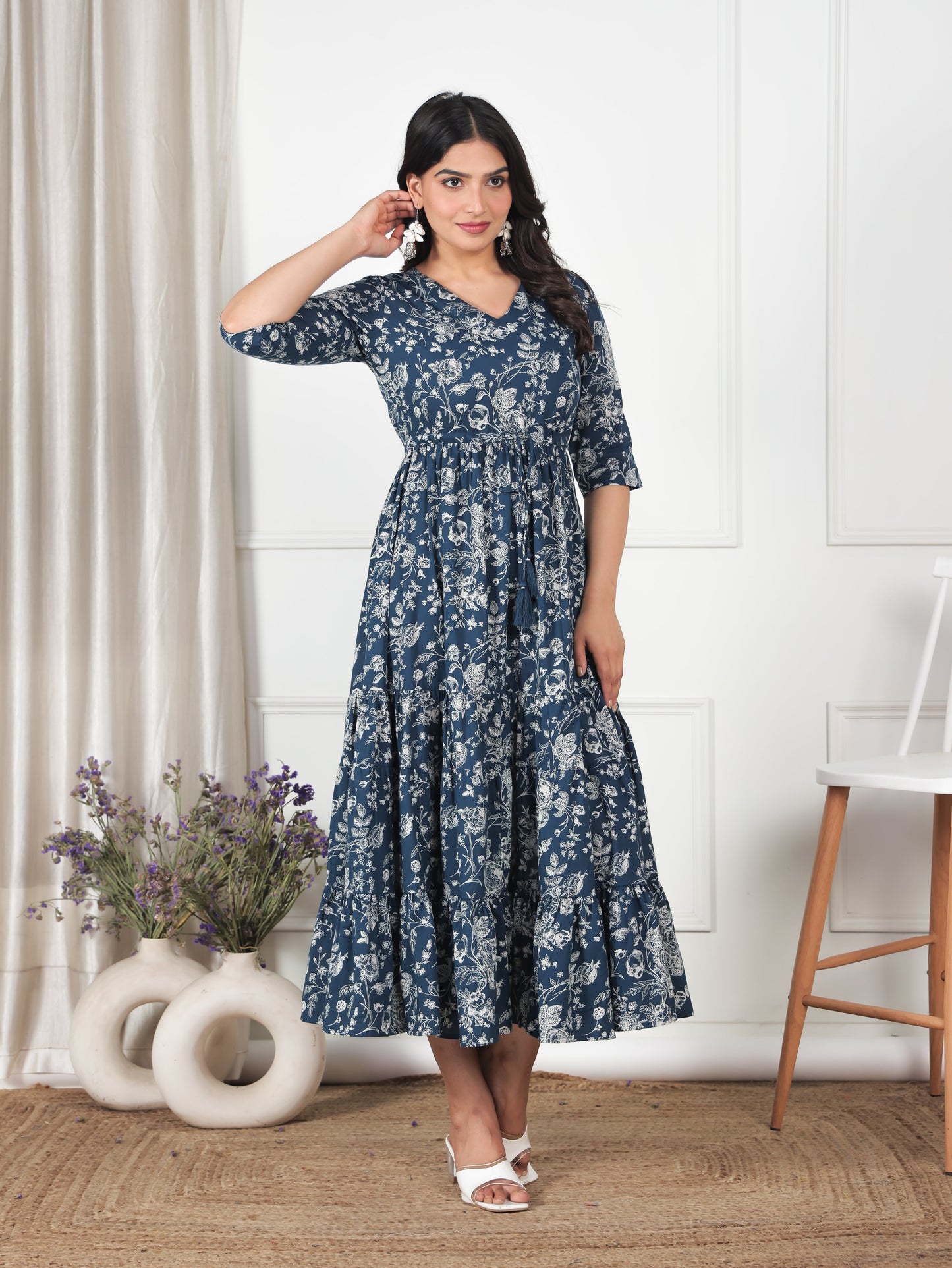 Soft Cotton Floral Anarkali Blue Dress