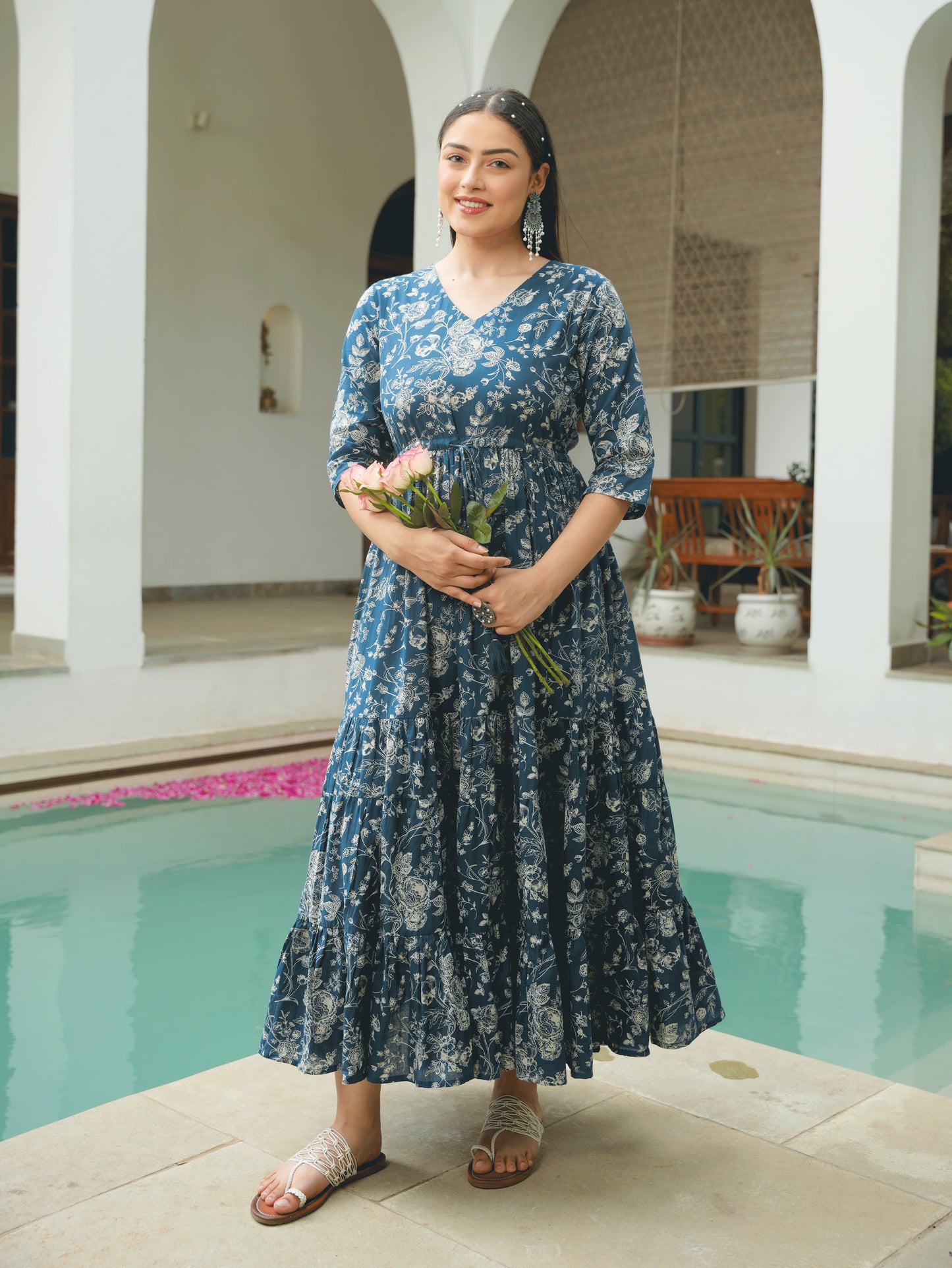 Soft Cotton Floral Anarkali Blue Dress