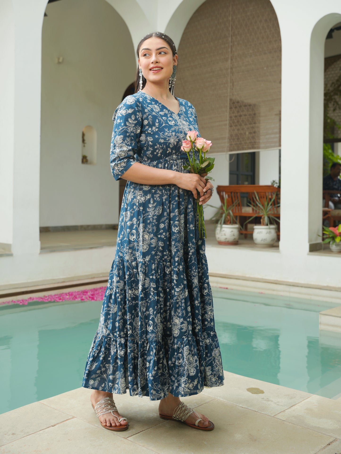 Soft Cotton Floral Anarkali Blue Dress