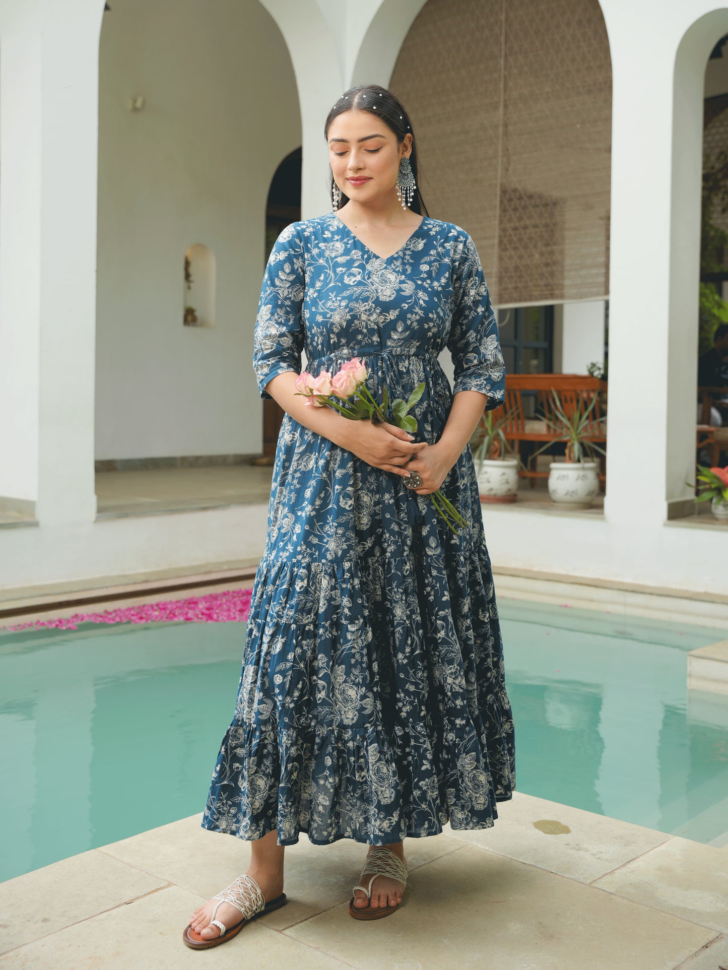 Soft Cotton Floral Anarkali Blue Dress