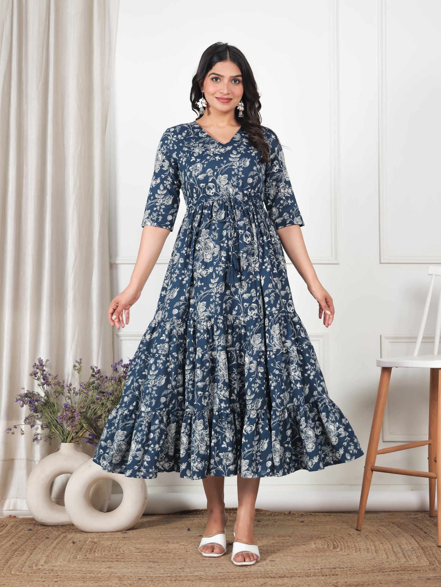 Soft Cotton Floral Anarkali Blue Dress