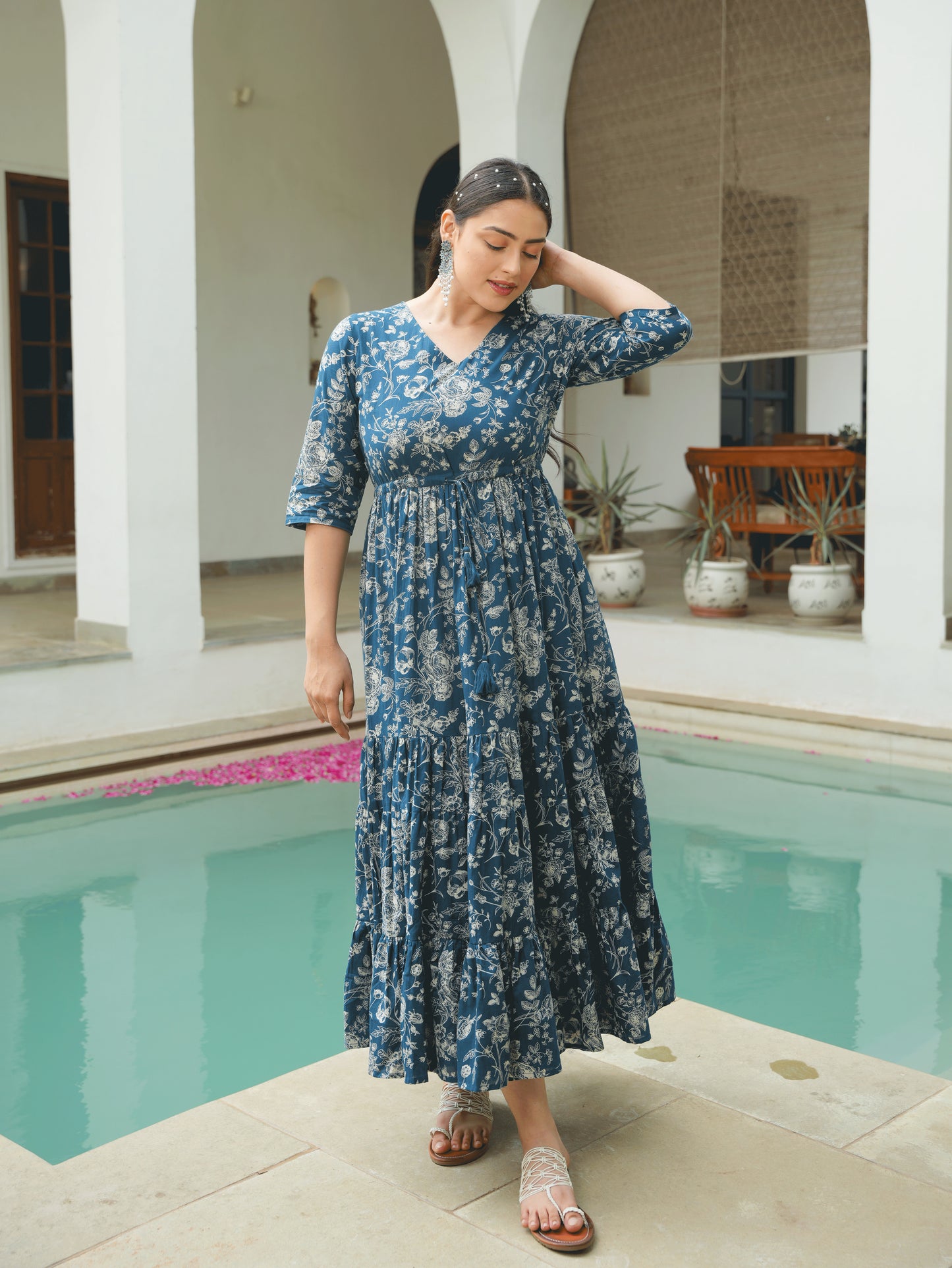 Soft Cotton Floral Anarkali Blue Dress