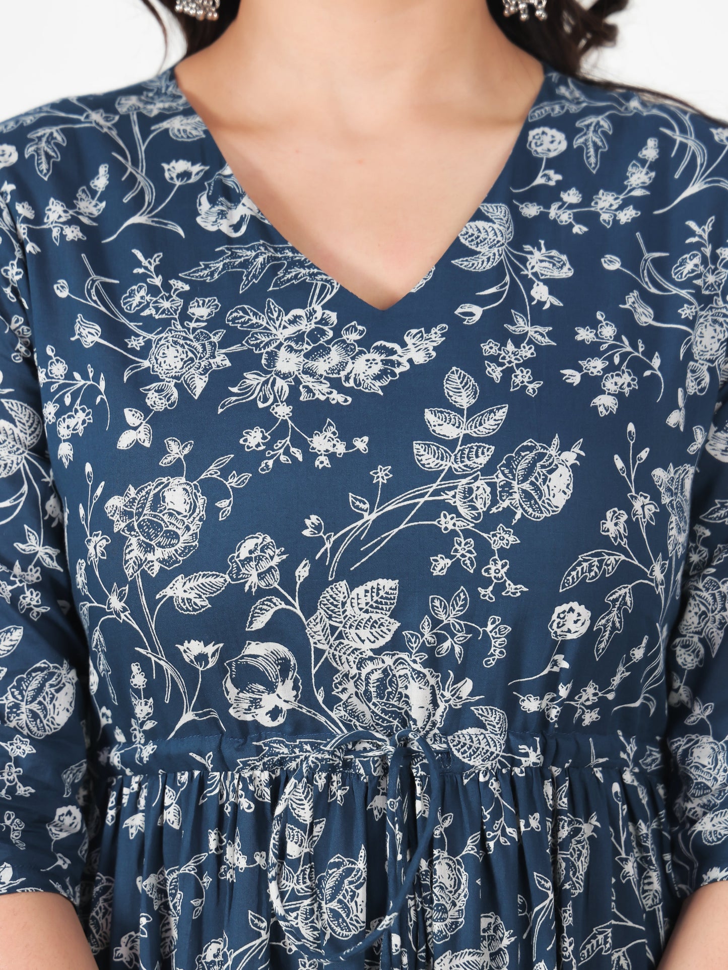 Soft Cotton Floral Anarkali Blue Dress