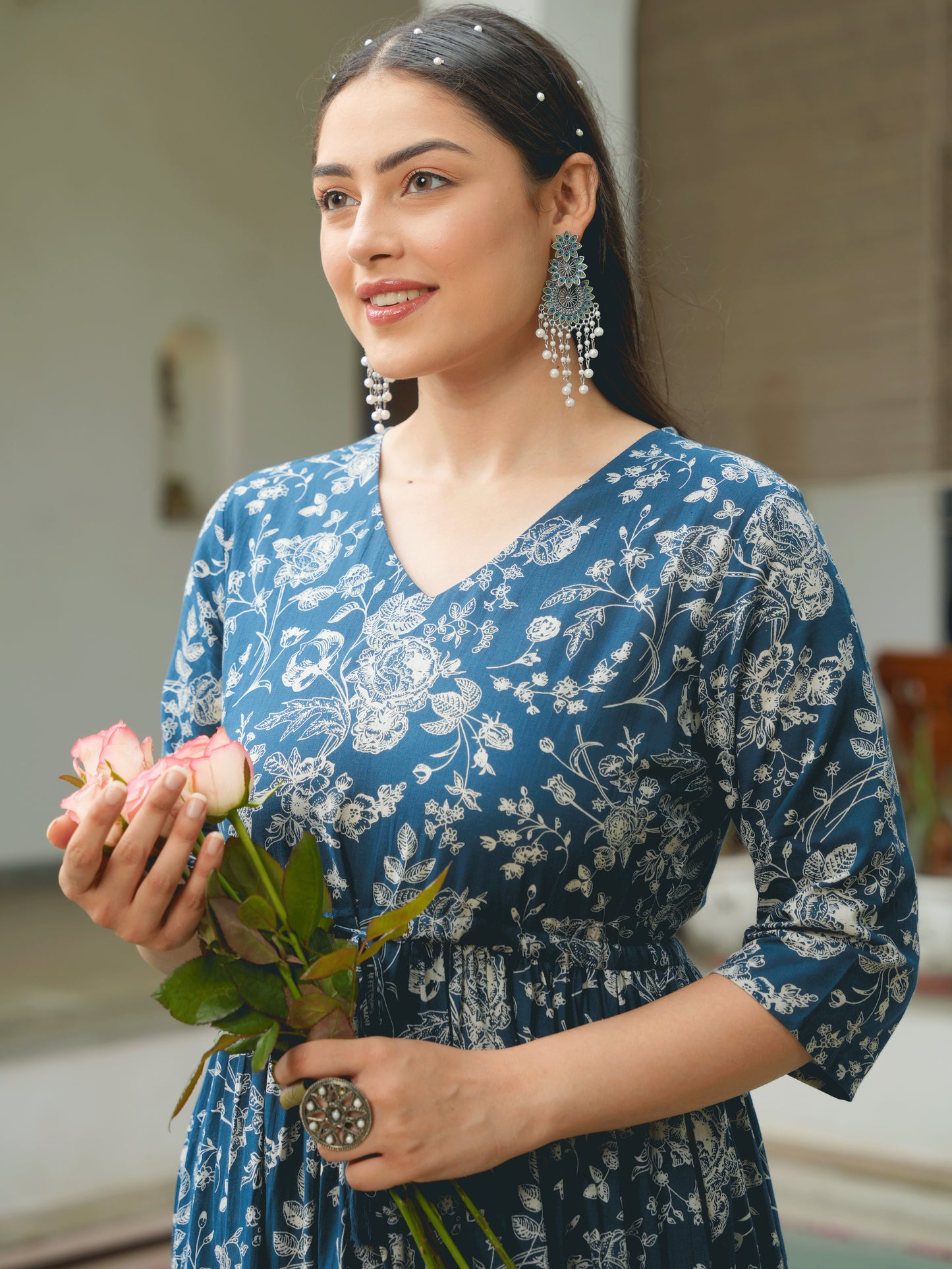 Soft Cotton Floral Anarkali Blue Dress