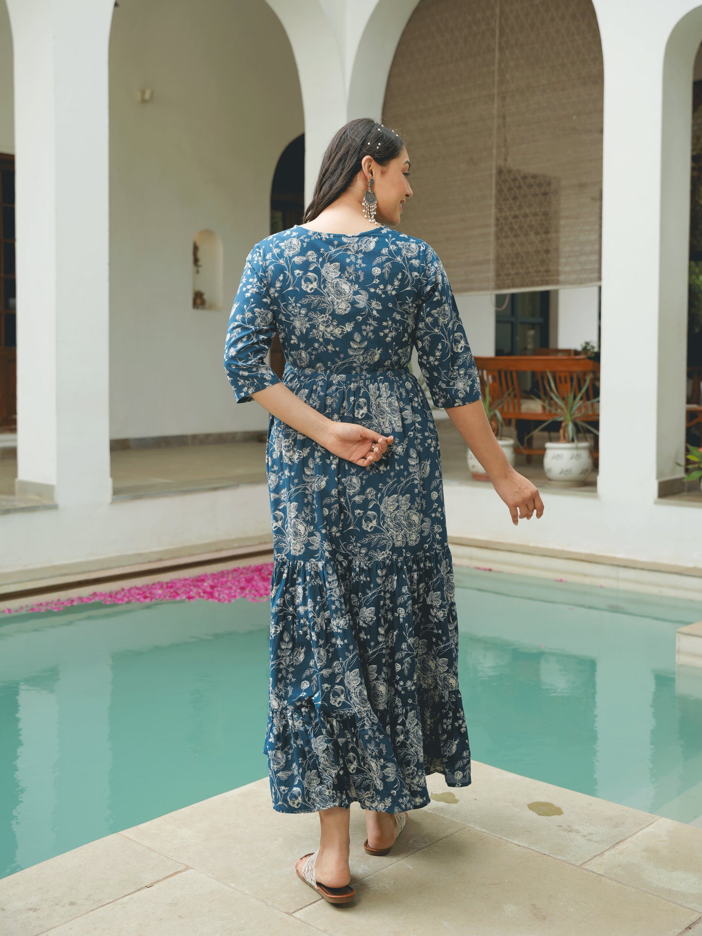Soft Cotton Floral Anarkali Blue Dress