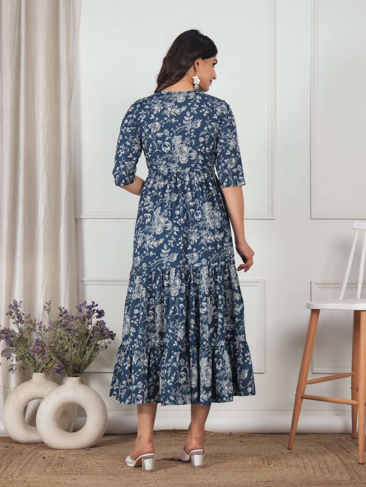 Soft Cotton Floral Anarkali Blue Dress