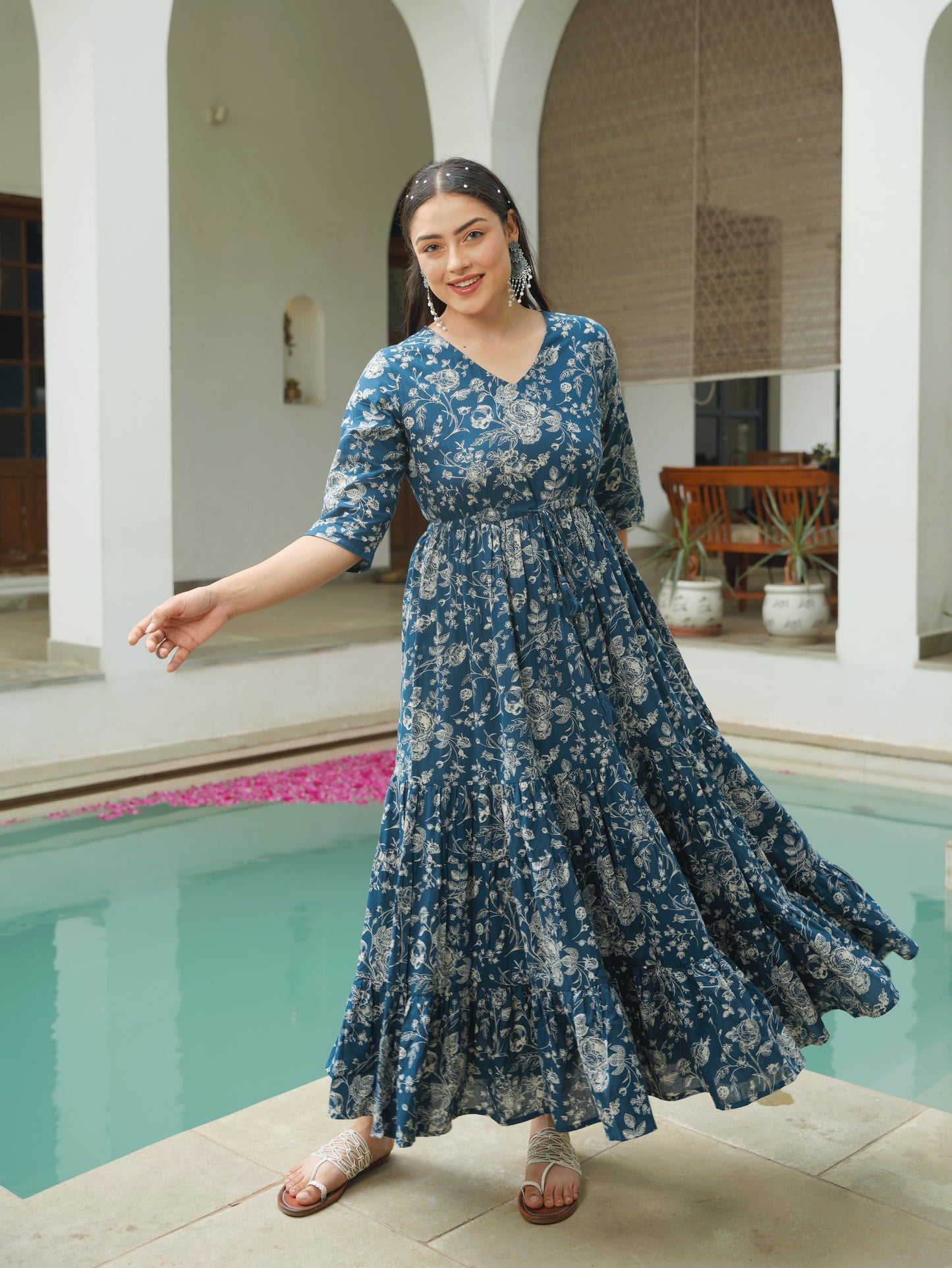 Soft Cotton Floral Anarkali Blue Dress