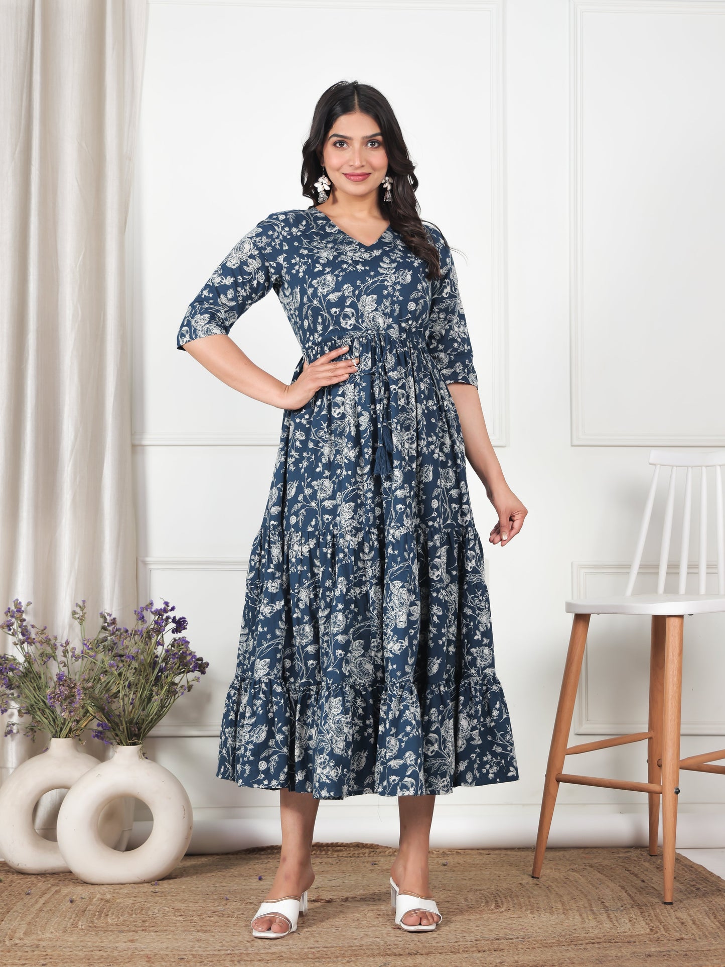 Soft Cotton Floral Anarkali Blue Dress
